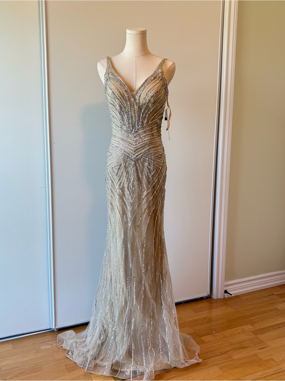 Rhinestone Champagne Evening Gown - Elegant V-Neck Formal Dress